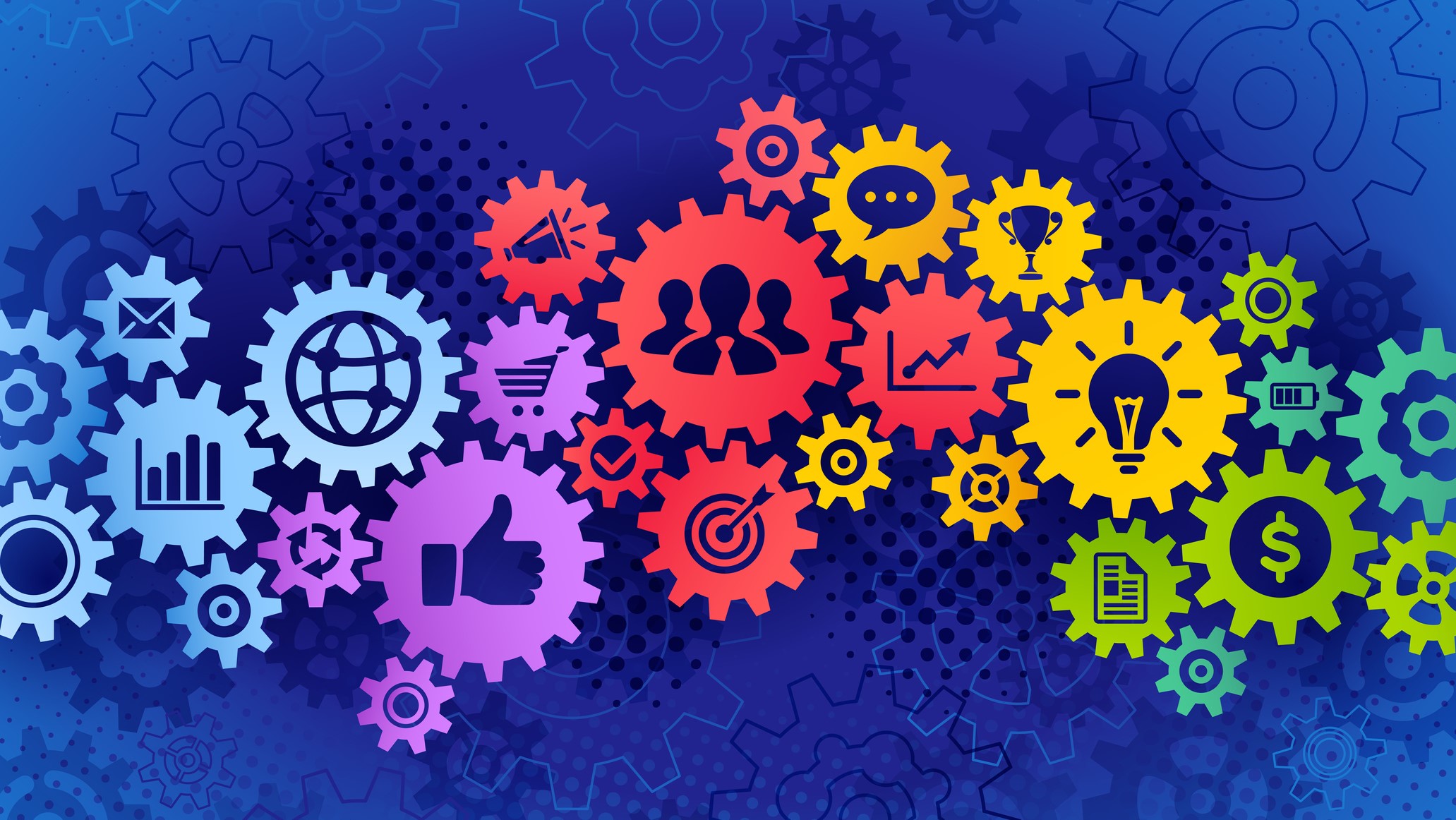 Multicolored connected gears with icons symbolizing strategy, success, teamwork, and communication.