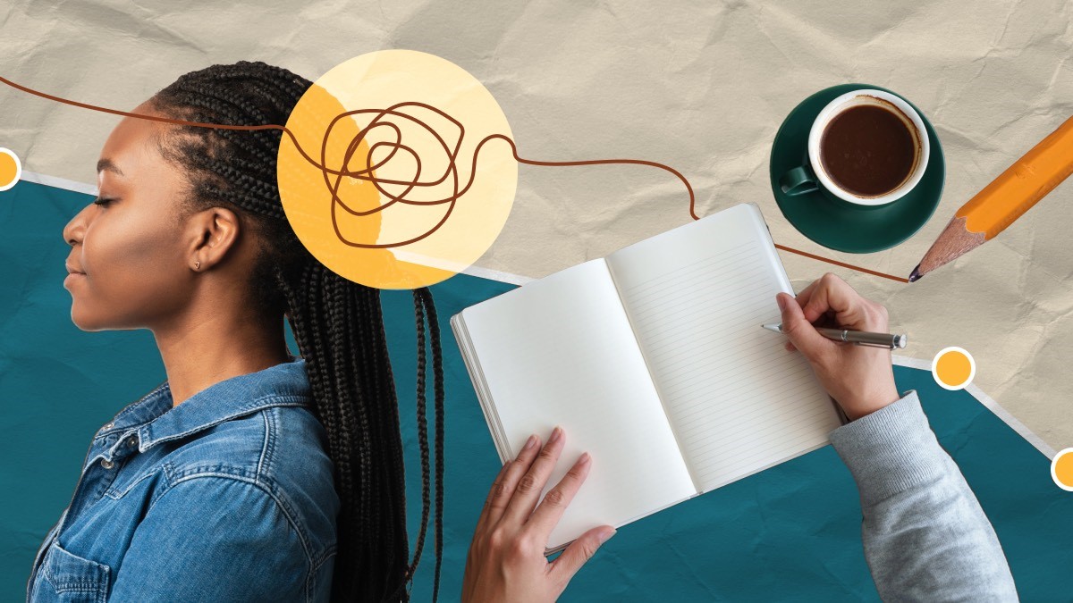 Abstract image of woman, coffee cup, and person writing in journal