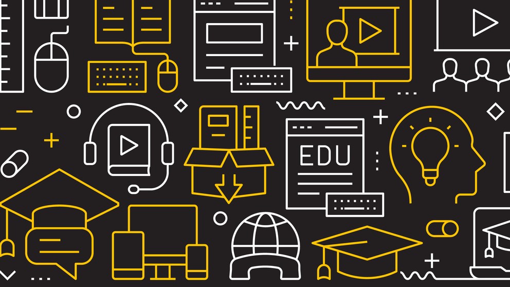 Illustration of education-related items, such as headphones, documents, and lightbulbs going on in a person&rsquo;s head