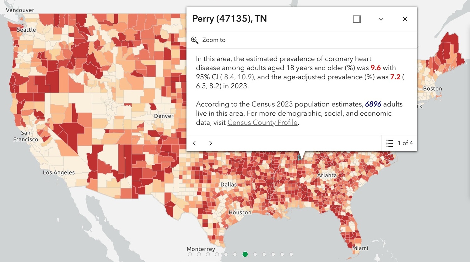Interactive map sample showing United States broken down into color-coded counties and places.