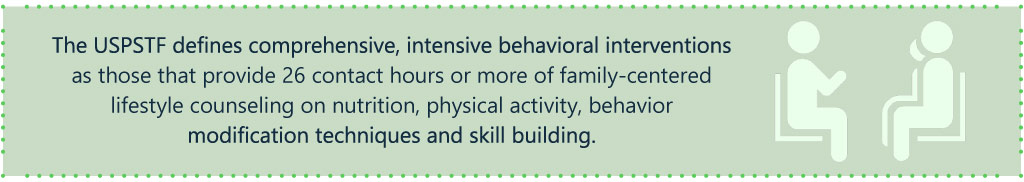 The USPSTF defines comprehensive, intensive behavioral interventions as those that provide 26 contact hours or more of family-centered lifestyle counseling on nutrition, physical activity, behavior modification techniques and skill building. The USPSTF defines comprehensive, intensive behavioral interventions as those that provide 26 contact hours or more of family-centered lifestyle counseling on nutrition, physical activity, behavior modification techniques and skill building.
