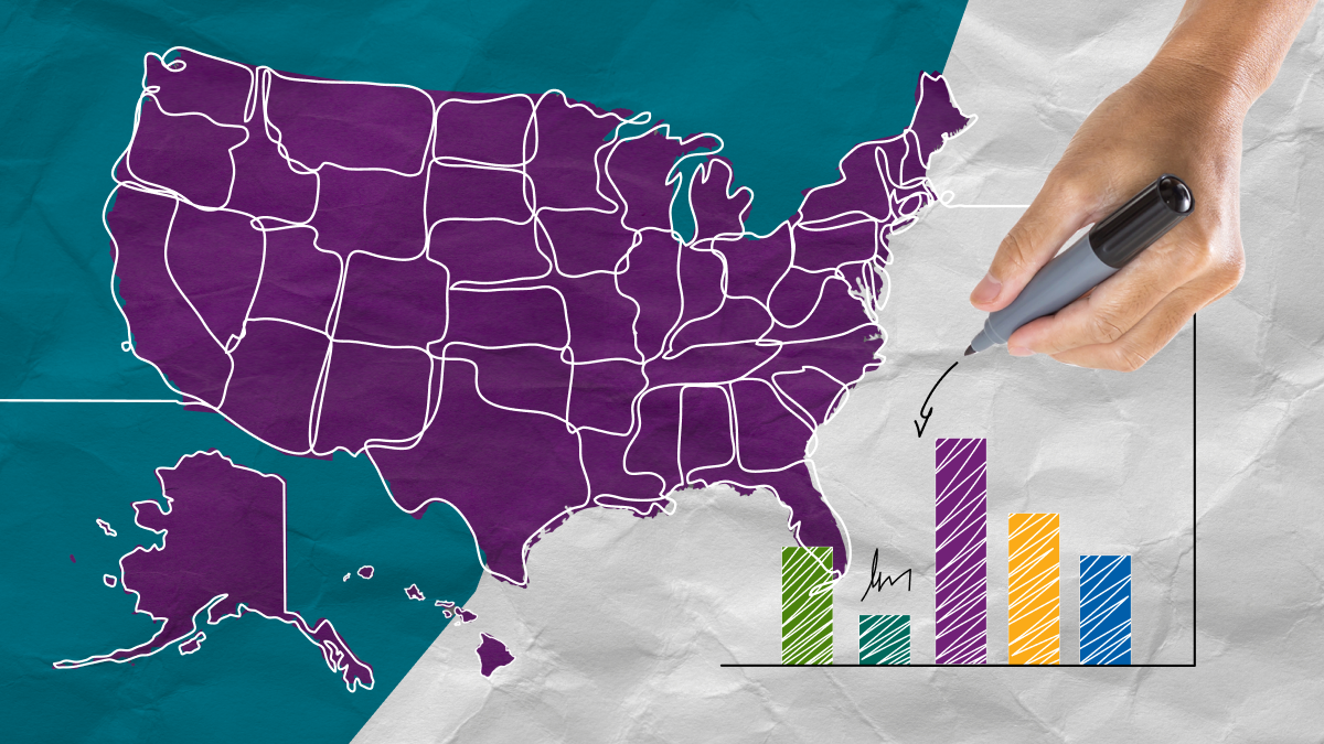 Composite image of U.S. map and a hand drawing a bar chart