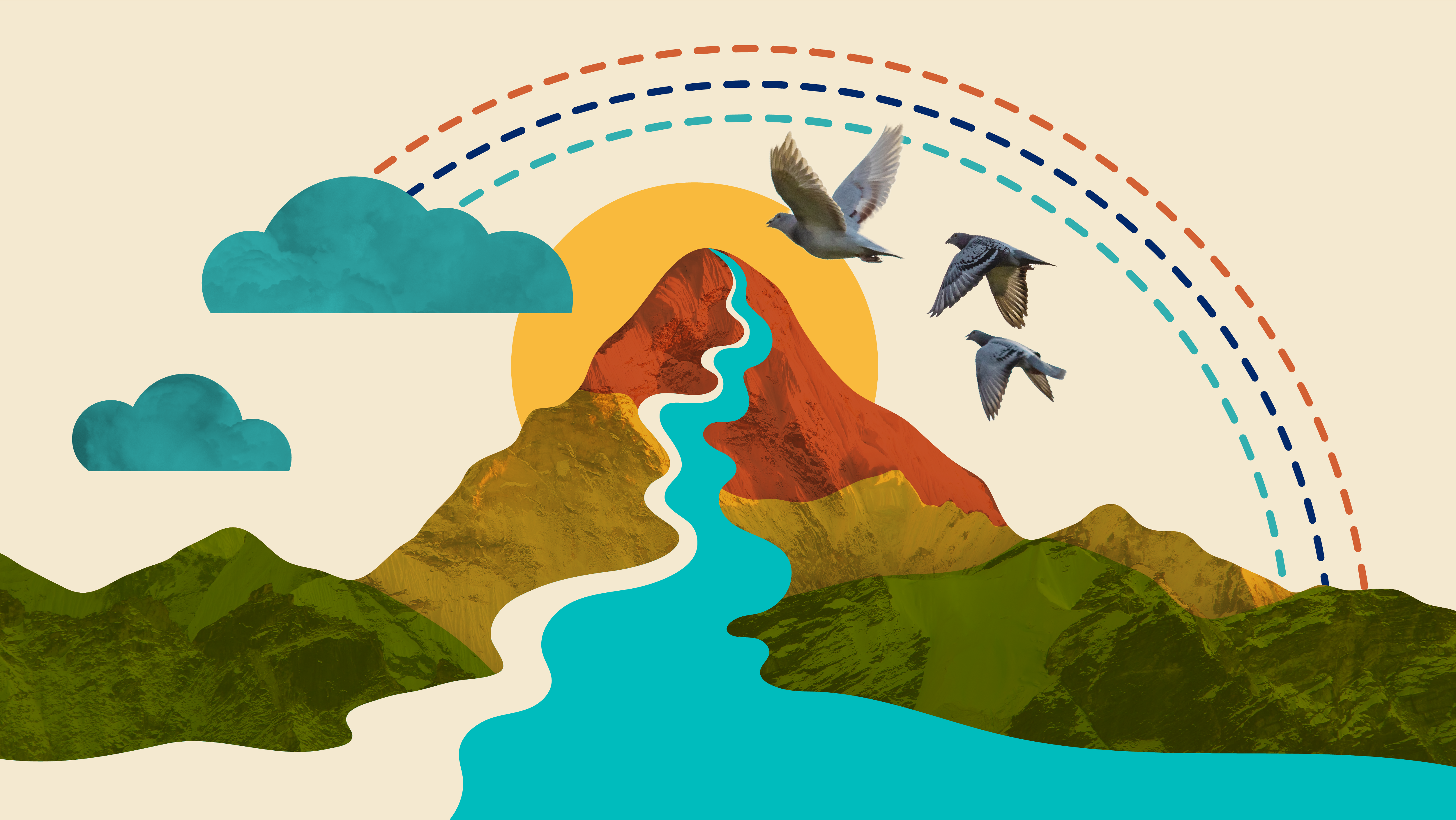 Composite image of birds flying over a mountain landscape.