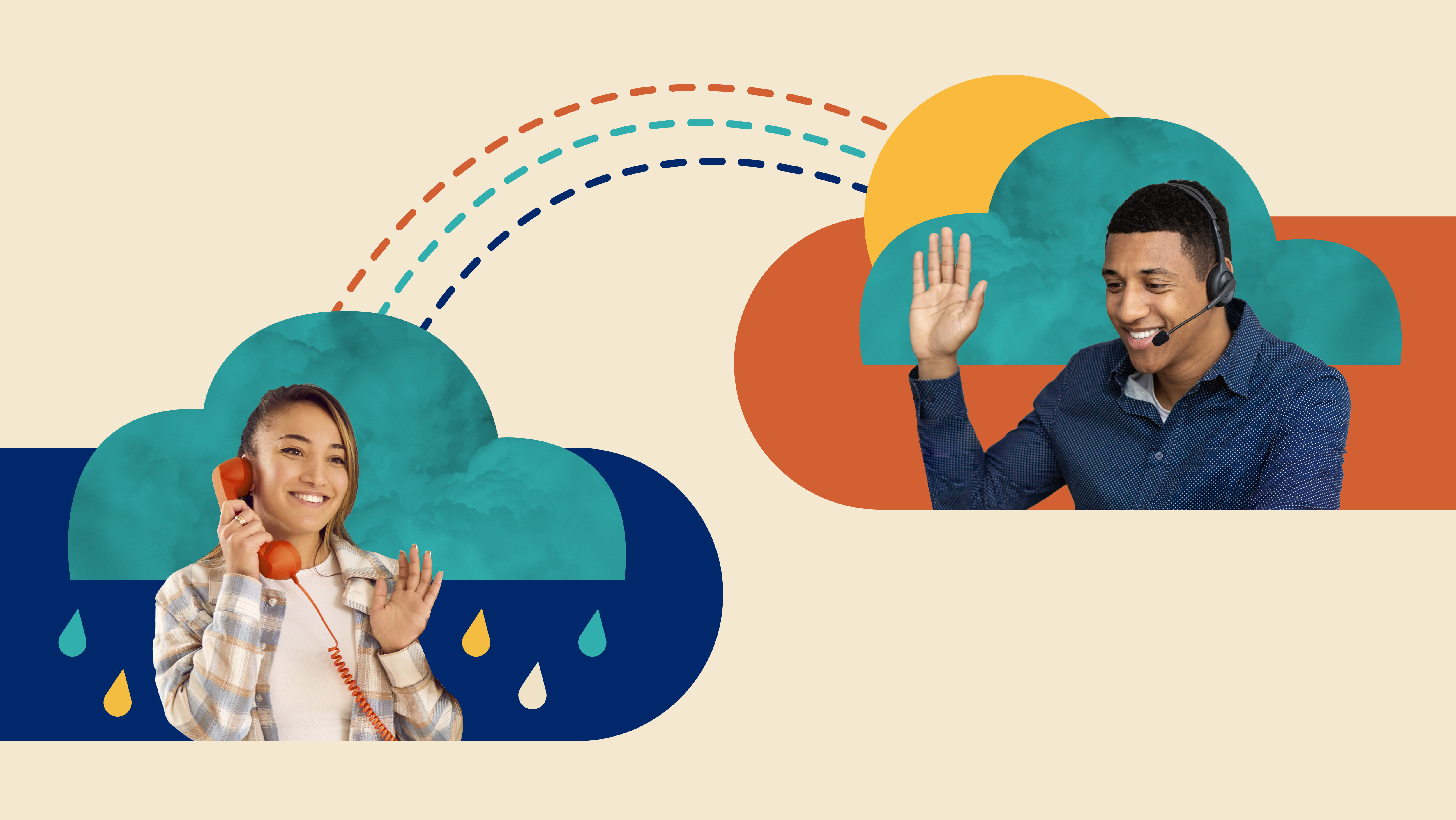 Two adults speaking on their phones. One is in front of rain the other in front of the sun connected by a rainbow.